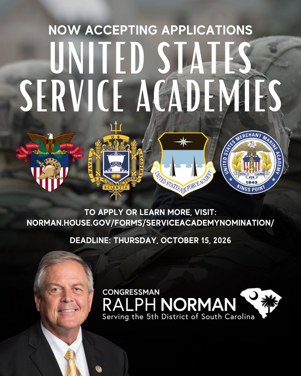 A promotional graphic announcing applications for U.S. service academies, set over a photo of a person in military-style clothing. Academy emblems are displayed across the middle, with a portrait of a congressman and South Carolina imagery near the bottom. The graphic contains prominent text.