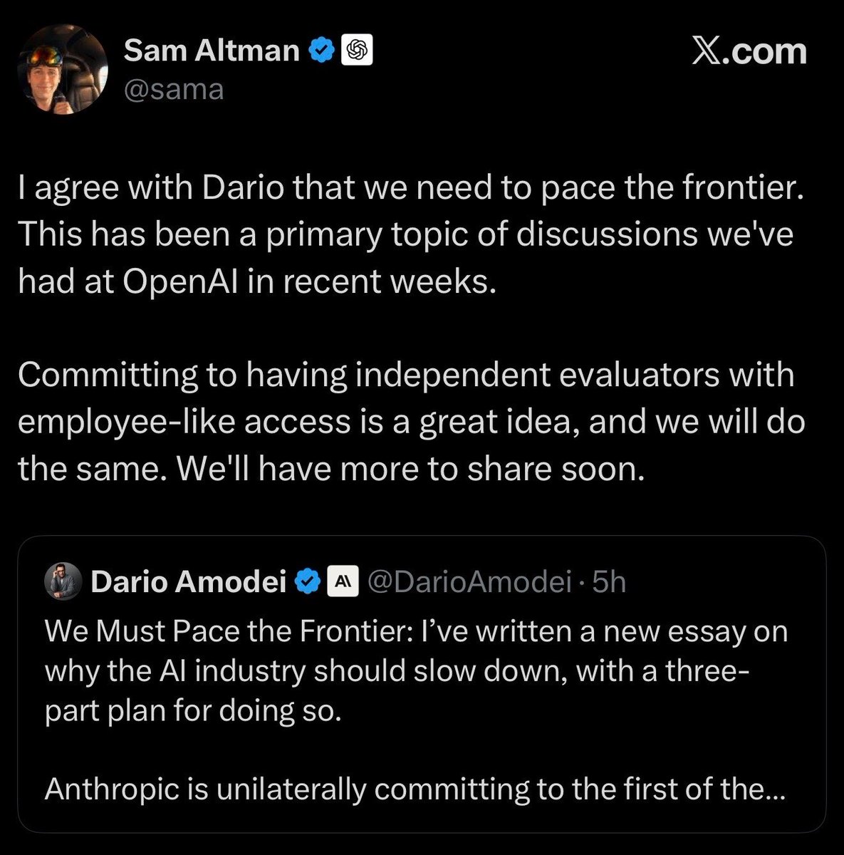 TrendSpider's tweet photo. JUST IN: Dario Amodei, Sam Altman, and Elon Musk have all agreed that the AI industry should “slow down” https://t.co/UeKvIHTSNb