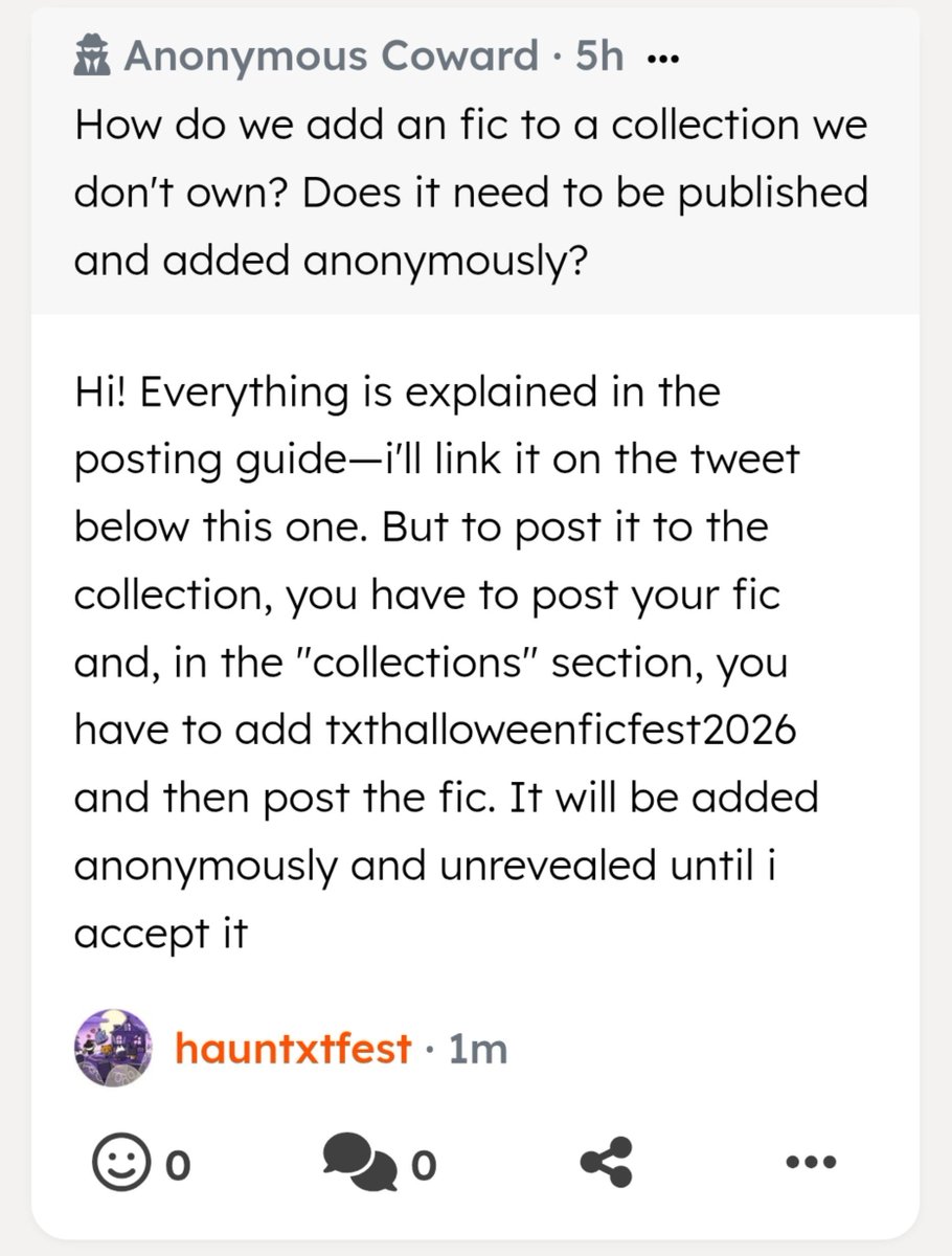 hauntxtfest's tweet photo. How do we add an fic to a collection we don't own? Does it need to be published and added anonymously? — Hi! Everything is explained in the posting guide—i'll link it on the tweet below this one. But to post it to the collection,… https://t.co/guTHTmZ2Sh https://t.co/jDRG6jPptV