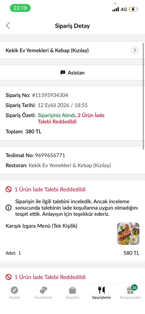 pekineyim's tweet photo. @Trendyol @UberEats iade talebim 2 kez reddedildi. Çiğ yemek gönderip insan sağlığı ile oynadıkları yetmiyor ve paramızı gasp ediyorlar https://t.co/ROCO85wqDV