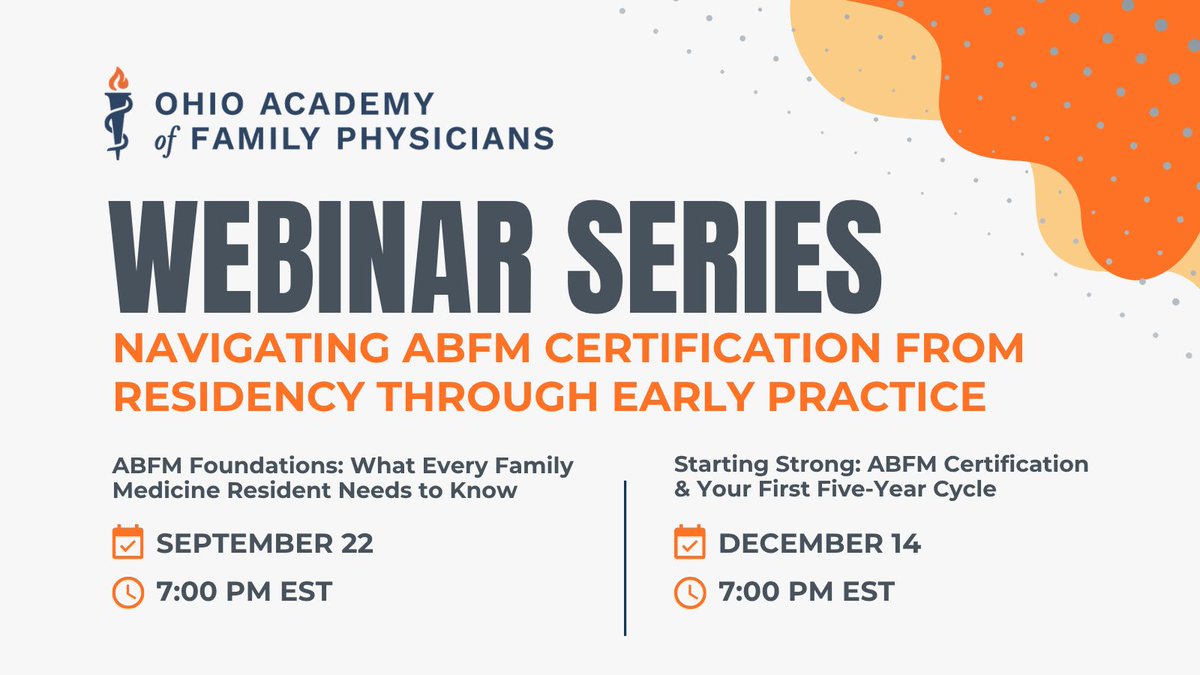 OhioAFP's tweet photo. The OAFP is hosting a two-part webinar series designed to help family medicine residents and new physicians better understand @TheABFM certification journey, from residency requirements through the first five-year certification cycle. https://t.co/pezSElxSTe https://t.co/jIKpkMe9XX