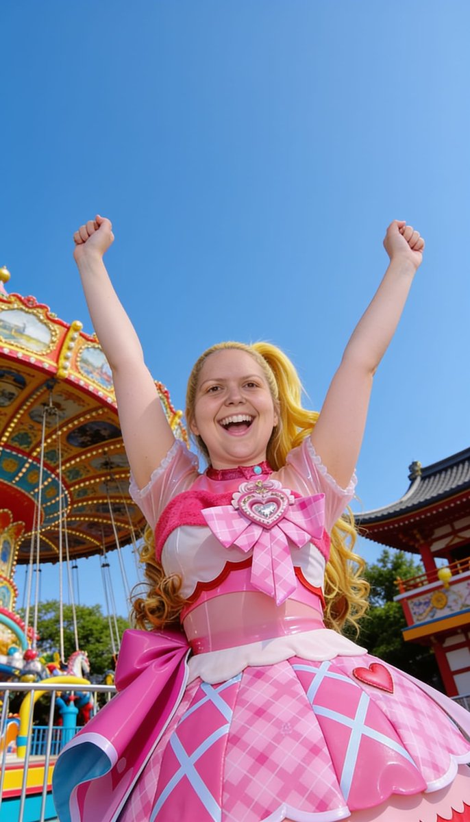 Lizzy1262629's tweet photo. I sit by the carousel in my pink magical-girl set — big bow, heart brooch, high ponytail. Chin in my hand, rides spinning behind me.
#MagicalGirl #PinkCosplay #CarouselDay #HeartBow #ThemeParkLook #KawaiiFashion #Ponytail #OOTD #PastelPink #Fairground #CuteLook #LookOfTheDay https://t.co/K6r8eY6x9S