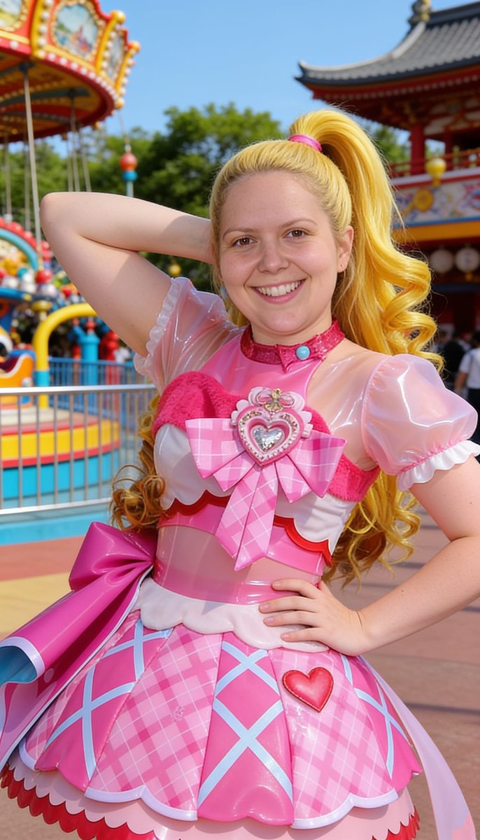Lizzy1262629's tweet photo. I sit by the carousel in my pink magical-girl set — big bow, heart brooch, high ponytail. Chin in my hand, rides spinning behind me.
#MagicalGirl #PinkCosplay #CarouselDay #HeartBow #ThemeParkLook #KawaiiFashion #Ponytail #OOTD #PastelPink #Fairground #CuteLook #LookOfTheDay https://t.co/K6r8eY6x9S