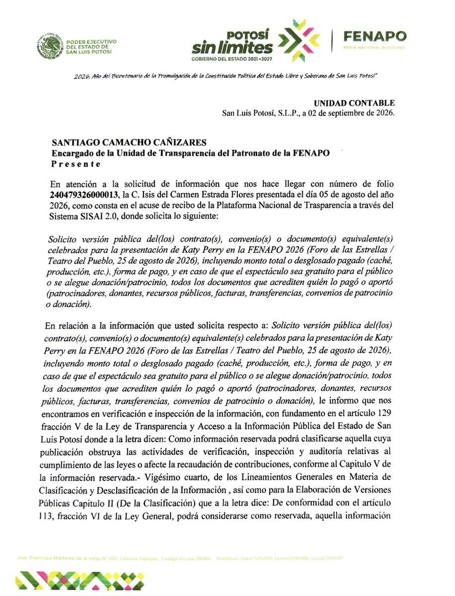 jorgegogdl's tweet photo. El Gobierno de San Luis Potosí de @RGC_Mx clasificó como información CONFIDENCIAL cuantos millones se gastó en traer a @katyperry a la FENAPO. 

Con el pretexto que "afecta la recaudación de contribuyentes". La osadía y el cinismo... https://t.co/SaI4XM3rBm