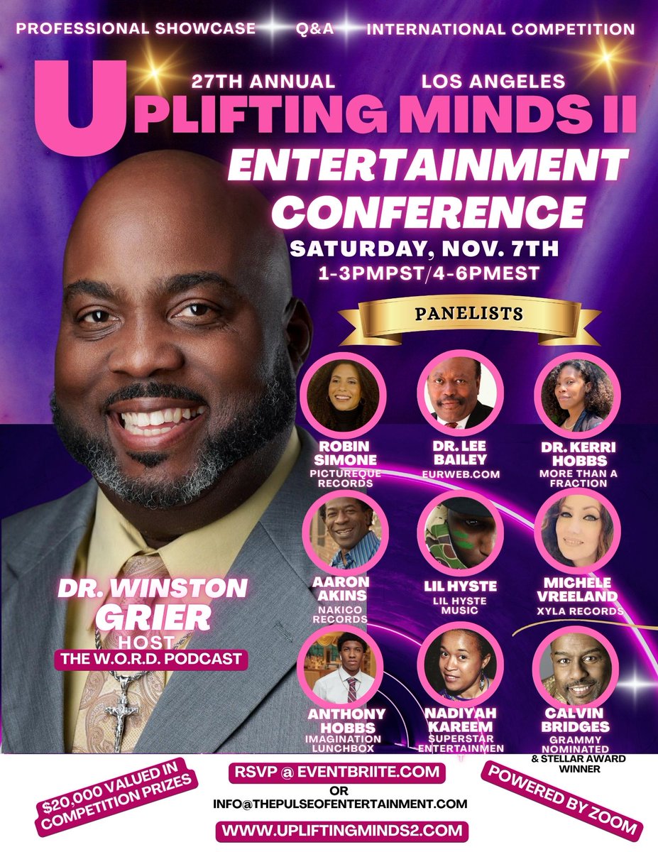UpliftingMinds2's tweet photo. Join us 4the 27th Los Angeles 'ULMII' Entertainment Conference, powered by Zoom w/industry panel, professional talent showcase &amp; an international talent competition.

More info @:
https://t.co/aREzn32KMm.
https://t.co/lfubEH9MzD.
https://t.co/fMgWgThOZY.
https://t.co/TUhcRC3rU8. https://t.co/VwERhzZHfQ