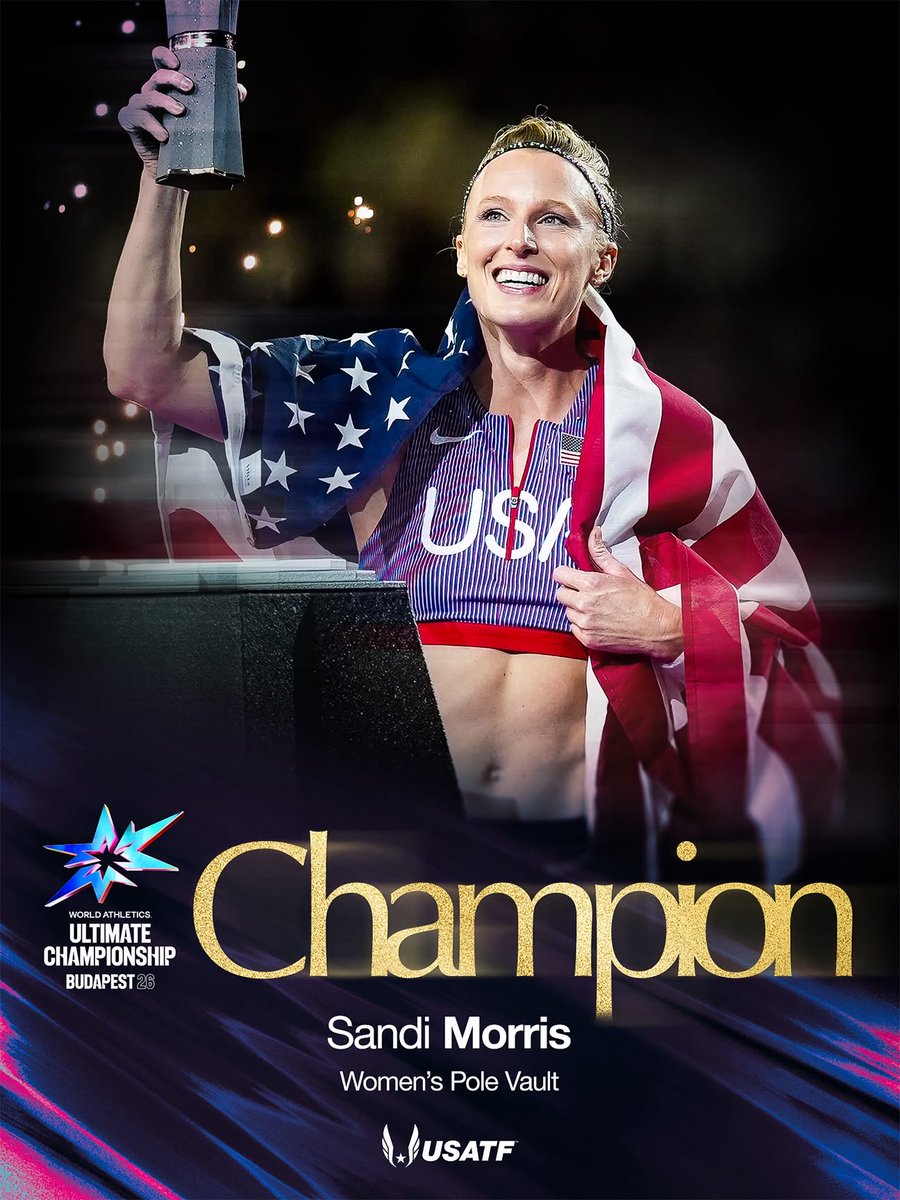 usatf's tweet photo. Never count out @sandicheekspv 👏👏👏

With her back against the wall early, Morris comes through when it matters, clearing 4.90m to climb her way to the top of the women’s pole vault at World Ultimate and lead the U.S. to a 1-2 finish. 🏆🇺🇸

#TeamUSATF | @WAultimateChamp https://t.co/0LjnA8buEf