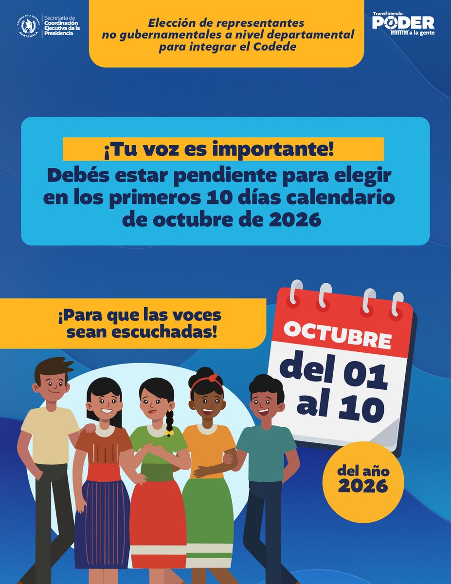 SCEPgt's tweet photo. Si representás o tenés el respaldo de una organización no gubernamental, ¡esta información te interesa!
Se acerca la elección de representantes titular y suplente, a nivel departamental, para integrar el #Codede durante el período 2027-2028.
👉 Informate y participá. https://t.co/oYgk79cSuX
