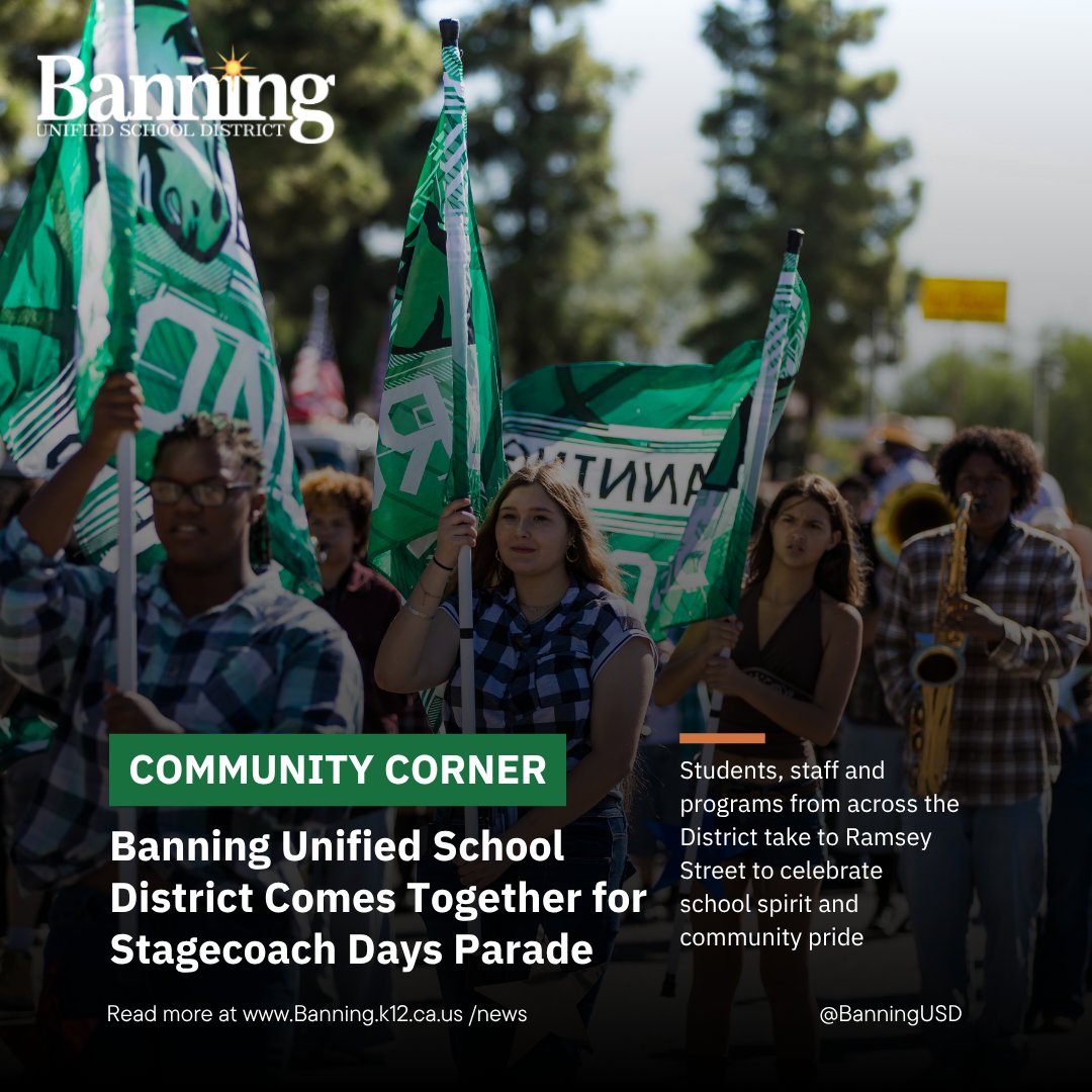 BanningUSD's tweet photo. 🐎 Banning USD showed up for the Stagecoach Days Parade! From Cadet Corps leading the way to performing arts, athletics and schools across the District, our students proudly represented Banning USD. 💚💛

Read more: https://t.co/gz1tLuwKhy https://t.co/RFs3KZ8yq2