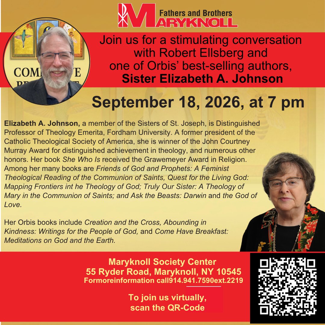 OrbisBooks's tweet photo. Join Orbis publisher Robert Ellsberg for a special conversation with best-selling author Sister Elizabeth A. Johnson! ๐
๐
Sept. 18, 2026 | 7 PM
๐ Maryknoll or online
Scan the flyerโs QR code to join the podcast! ๐๏ธ
@RobertEllsberg #ElizabethJohnson #Interview #Podcast https://t.co/cFDRYxPUze