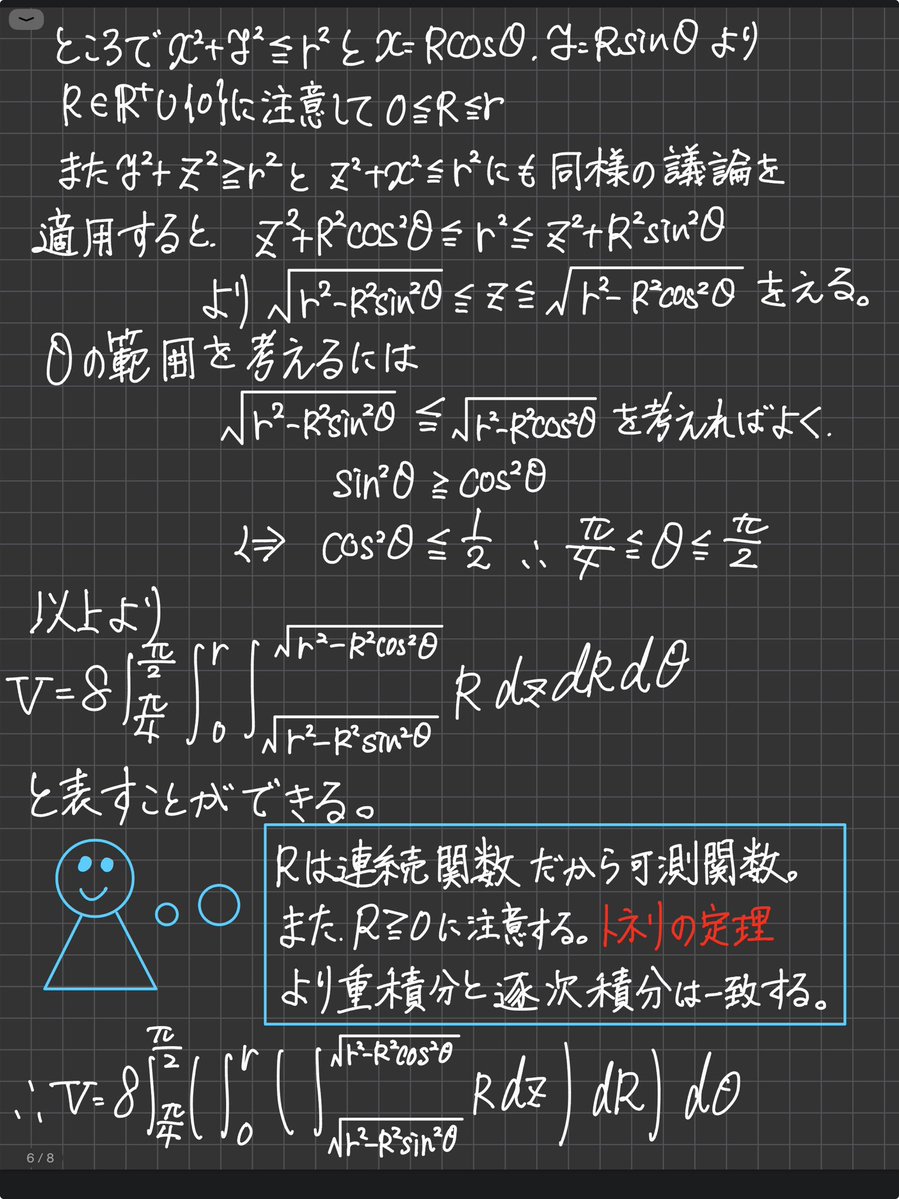 yui_mymelodyy's tweet photo. 2005年　東大理系数学　第6問の解説
大数評価:C
円筒座標変換による重積分•トネリの定理を学習したことのある中高生向けです

本問は重積分を利用して体積を求める問題でした。重積分と累次積分が一致することをトネリの定理で言いましたが、有界閉集合上で関数は連続だからフビニの定理で事足ります https://t.co/osgEFDRlx6