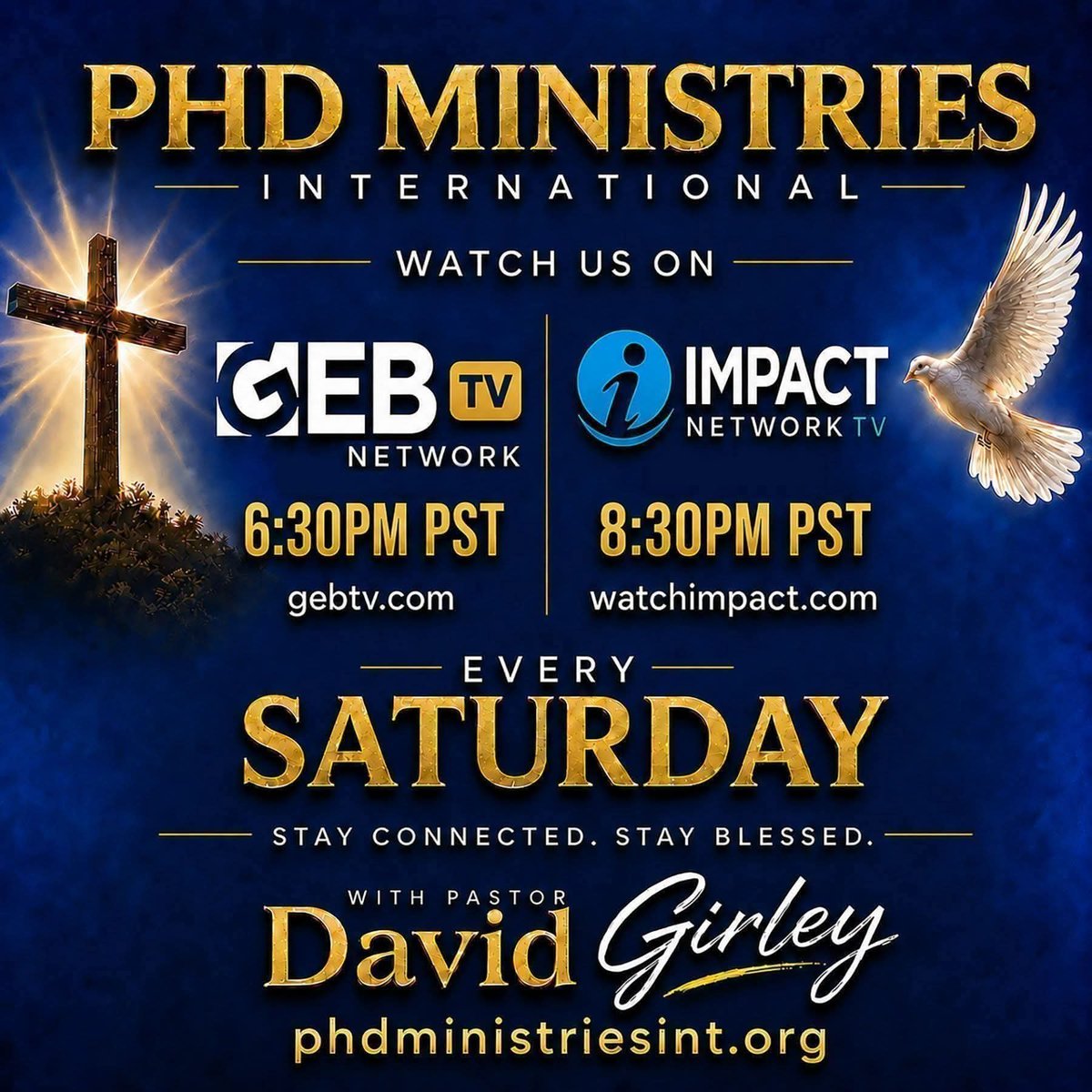 phdministries's tweet photo. PHD Ministries International is broadcasting and streaming live tonight on two networks. 

Watch us on GEB America  at 6:30 PM Pacific and Impact Television Network at 8:30 PM Pacific. Streaming details listed below. https://t.co/xklSFvIp55