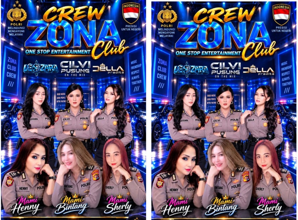 Pamflet promo Zona Club menampilkan enam wanita dengan seragam menyerupai Polri dan logo institusi