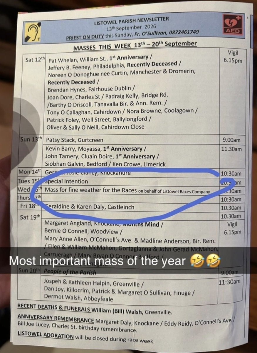 patcashhealy's tweet photo. Today’s Parish Newsletter Lads 💪
Free ‘passes’ for anyone that turns up 😜
‘Make Listowel Your Goal’
@ListowelRaces Harvest Festival https://t.co/pMporvq5Me