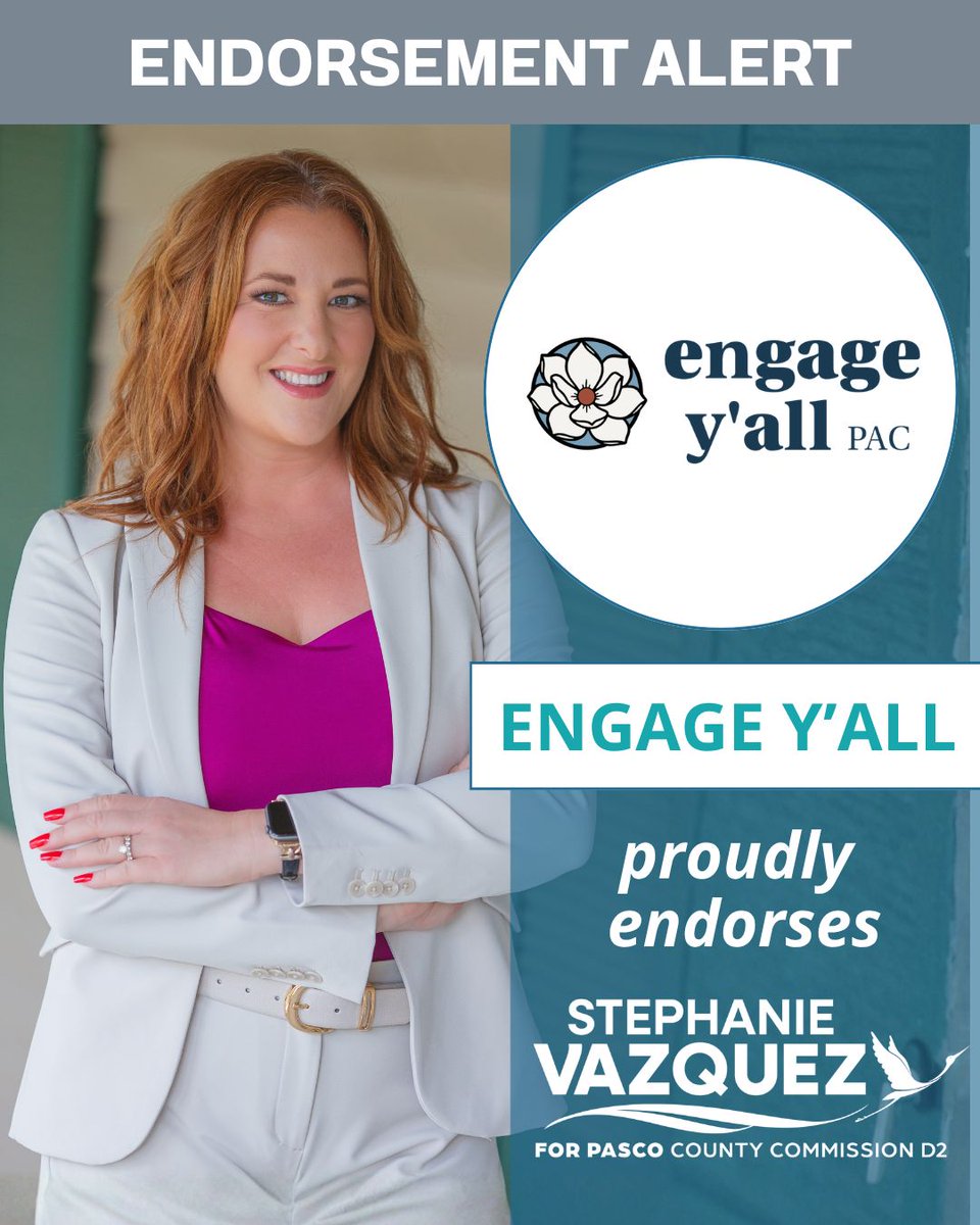 Stephanie4Pasco's tweet photo. I’m proud to share that Engage Y’all has endorsed our campaign for Pasco County Commission!

This campaign is about bringing people back into local government and making sure residents have a real voice in the decisions shaping their communities.

#votevazquez https://t.co/XY0xuGAvNo
