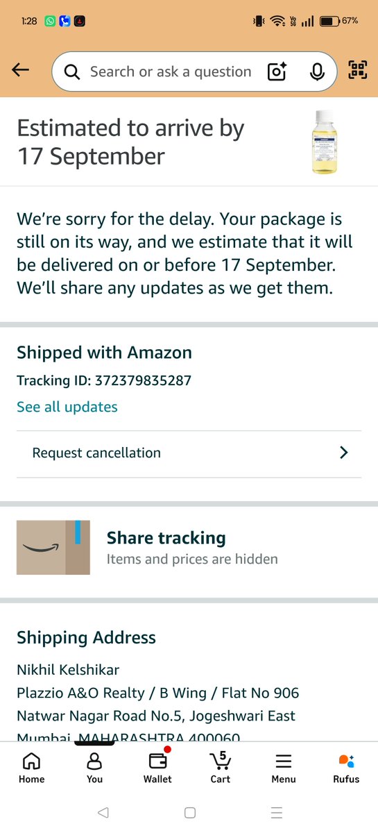 Nikibusa's tweet photo. @amazonIN
Can you explain this 2nd repetitive incident where my order was supposed to be delivered today after a waiting period of 5 days and now it says that the product will be delivered on 17th September. Seriously?

Messing with a Prime member?

#AmazonIN #AmazonIndia https://t.co/9RerujhTPA