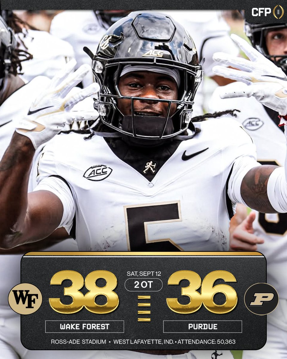 CFBPlayoff's tweet photo. Demon Deacons get the double-overtime victory over Purdue👀✅

#CFP https://t.co/jZzFcy7oqM