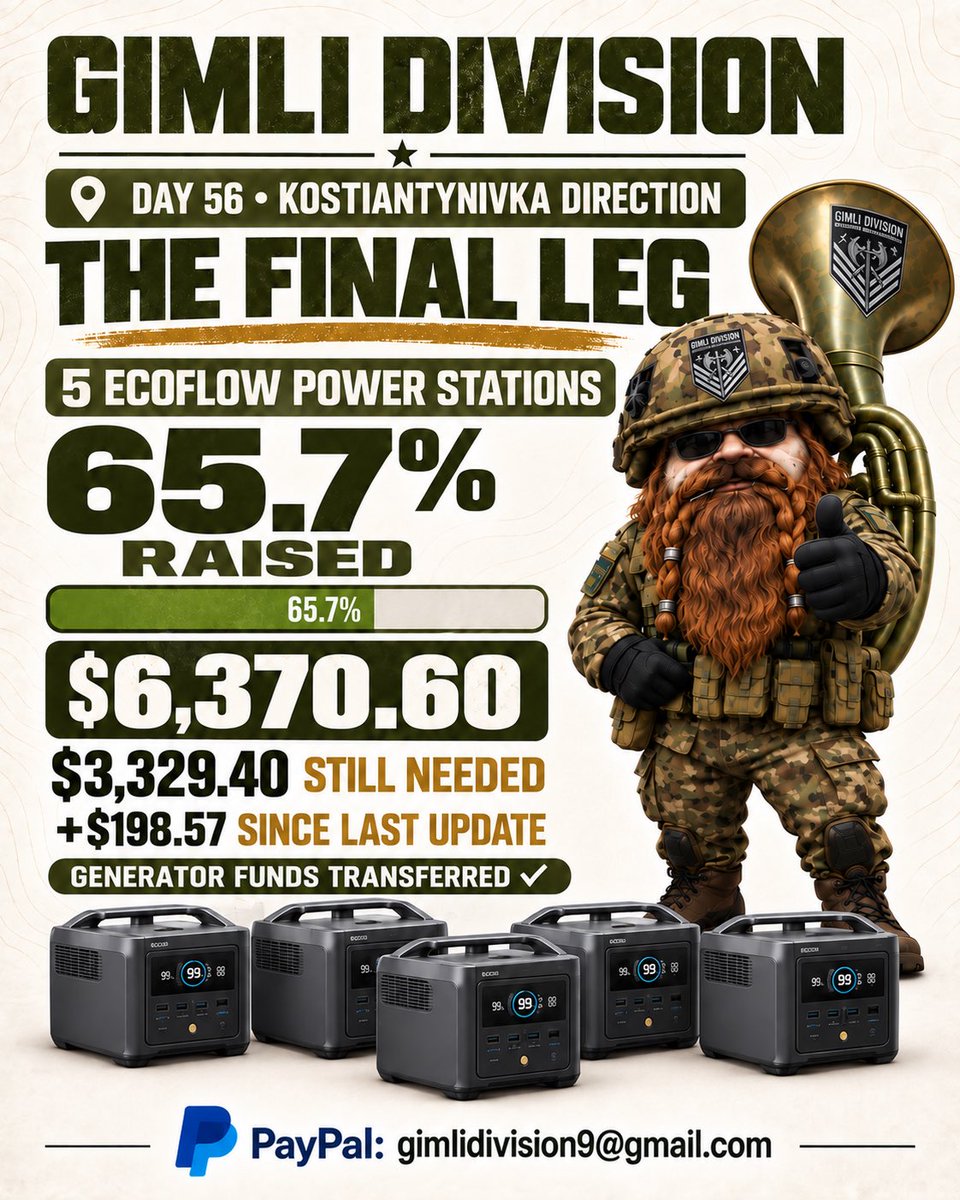 tanyawoz4's tweet photo. 🚨 DAY 56 - THE FINAL LEG FOR KOSTIANTYNIVKA

➕ $198.57 since our last update
✅ $6,370.60 raised
📊 65.7% complete
🆘 $3,329.40 remaining
💵 Current PayPal balance: $398.21

Kostiantynivka is the southern hinge of Ukraine’s fortress belt - the defensive chain extending toward Druzhkivka, Kramatorsk and Sloviansk. What happens in this dangerous sector affects the entire line to the north.

This mission is equipping the expanding UAV division commanded by Serhii “Gimli” Kashyrin, @GimliDivision, with the communications, navigation and independent power needed to operate there.

✅ Five Starlinks purchased and received
✅ Six Kropyva tablets purchased and received
✅ Funds for five generators transferred to Gimli yesterday
🔜 Final leg: five EcoFlow power stations

The momentum is real & the finish line is finally coming into view!  👀💃 Please rally around these defenders to help us complete the equipment they have been waiting 56 days to receive.

PayPal: Gimlidivision9@gmail.com

Our #OperationCatButt raffle  and thank-you prizes are in the thread below as well as PayPal screenshot for today. 🧵⚔️🇺🇦