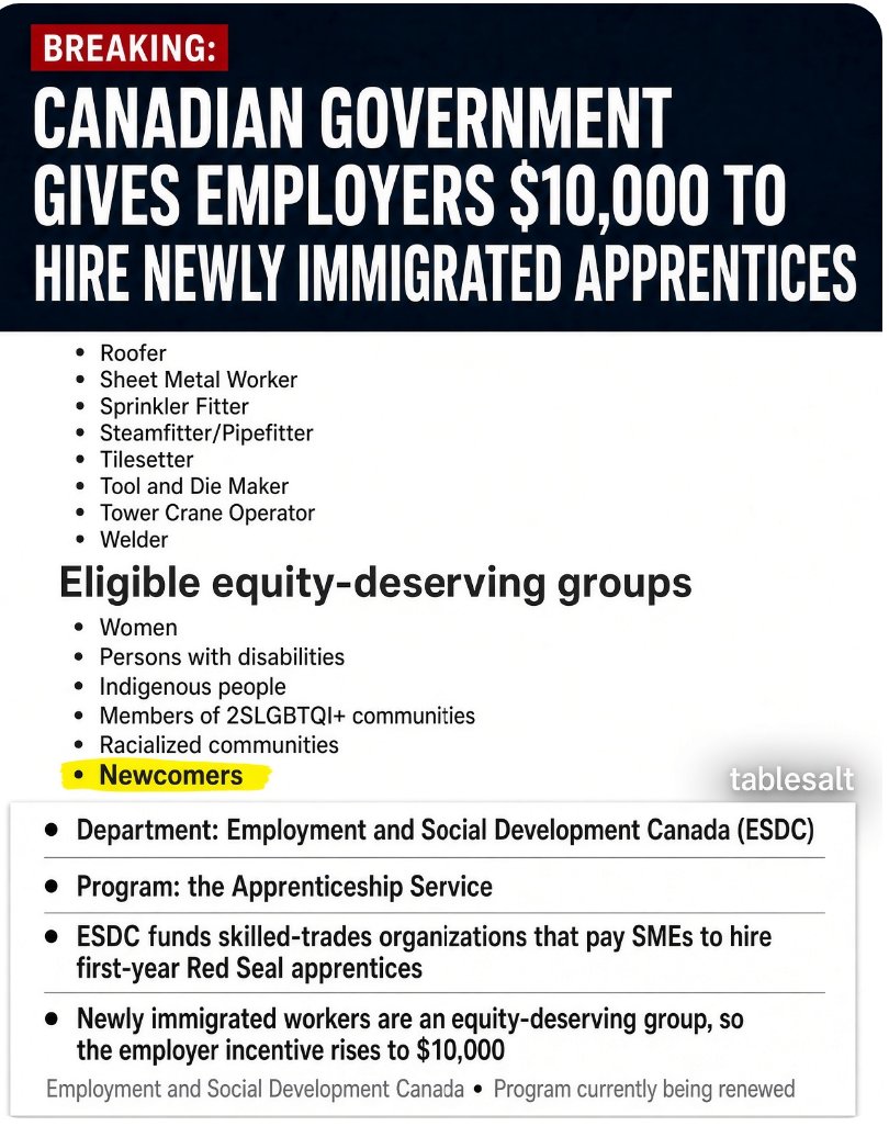 Tablesalt13's tweet photo. Just in - Ive been tipped off that the ESDC program that GIVES $5,000 more to Canadian employers

if they hire an immigrant over a Canadian citizen, is being renewed. 

Imagine paying taxes to pay for your replacement. https://t.co/zFyKtBVTGN