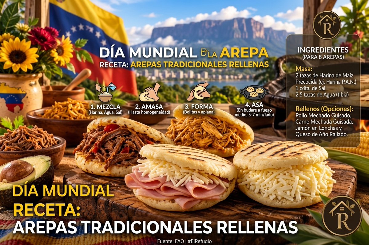 VelasquezVictor's tweet photo. ¡Feliz Día Mundial de la Arepa para toda la familia de #ElRefugio! 🫓🇻🇪 No hay mejor forma de celebrarlo que compartiendo la receta de nuestra reina gastronómica: masa crujiente por fuera, suave por dentro y los rellenos que nos unen donde sea que estemos. ¿Cuál eligen hoy: carne mechada, pollo o la clásica de jamón y queso? ¡Buen provecho! 🍽️✨💛
