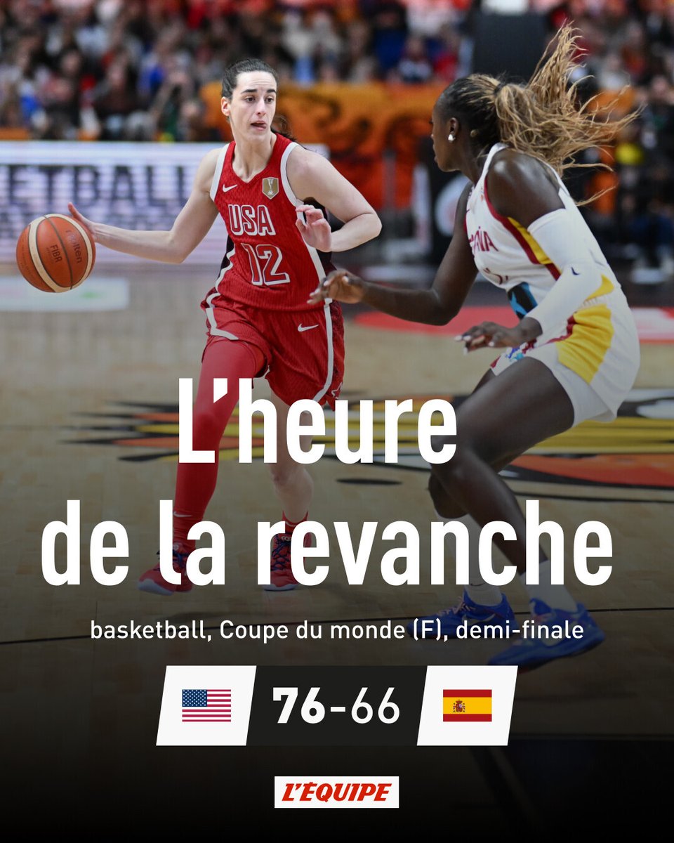lequipe's tweet photo. Les États-Unis défieront la France en finale ce dimanche (20 heures), après leur difficile succès contre l'Espagne (76-66). Accrocheuses et énergiques, les Espagnoles ont tenu la dragée haute aux championnes olympiques pendant trois quart-temps.
➡️ https://t.co/2SHDbv28WP https://t.co/zRpd1qJ8M2