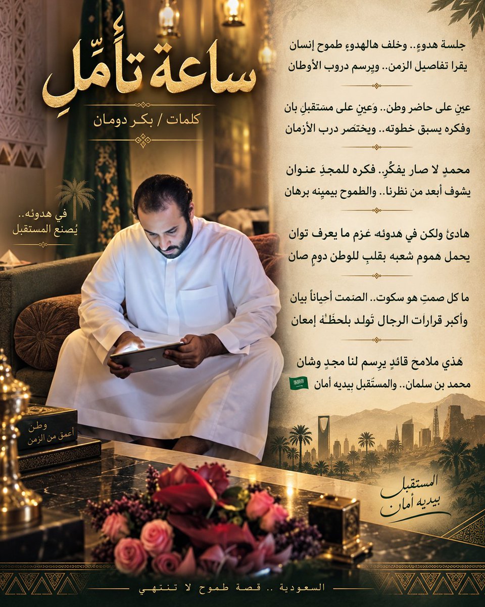 DoumanBakr's tweet photo. @HRHMBNSALMAAN محمدٍ  لا صار يفكّر.. فكره  للمجد  عنوان
يشوف أبعد من نظرنا.. والطموح بيمينه برهان https://t.co/3Qm5kmLbDV
