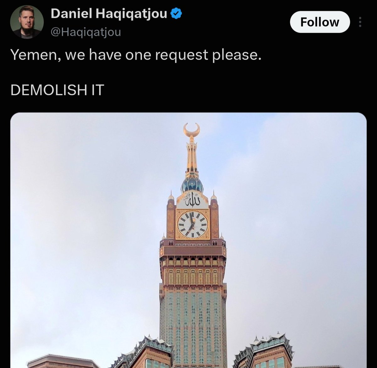 TalAbdulrazaq's tweet photo. This is the same Majusi who cried about Muslims not minding if Americans bombed Iran.

He's openly begging Houthis to bomb the holiest city in Islam, Mecca, and right in the vicinity of the Masjid al-Haram.

Anyone still supporting him, may Allah resurrect you with this Rafidhi. https://t.co/hhb4G8ZBs5