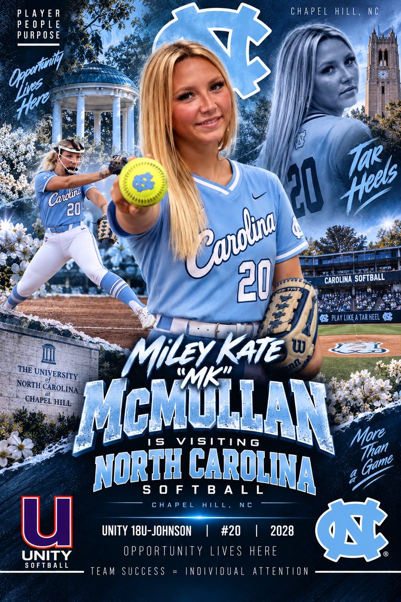 UnityJohnsonVB's tweet photo. Standout RHP - @mileymcmullan24 is stepping in some tar this weekend in Chapel Hill hanging out with @UNCSoftball and @coachmegsmith @Laurinwatts and @c_lyon22 
She’s gone to Carolina NOT just in her mind!  Let’s Go!  @VAUnitySB @ExtraInningSB @LineDsoftball https://t.co/FFtQUoa3CT