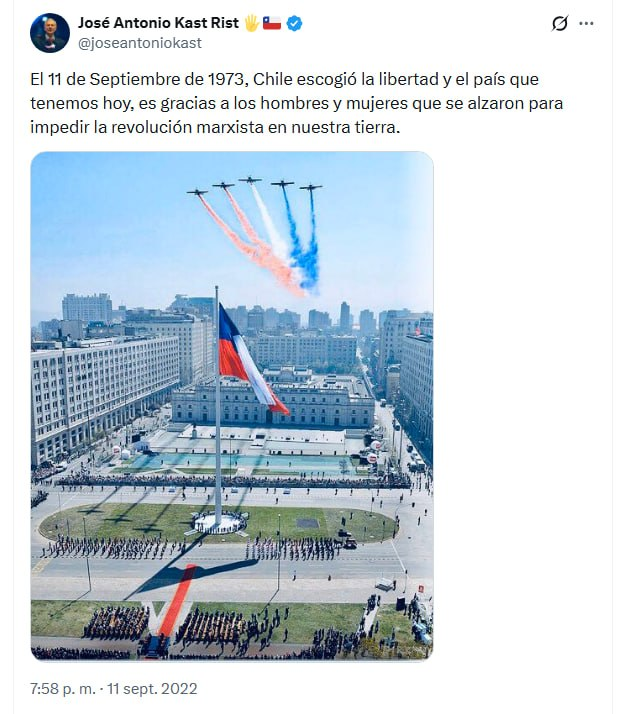 JulianMaciasT's tweet photo. Algunos preguntan por qué Kast ha eliminado por primera vez en democracia la conmemoración del 11 de septiembre en recuerdo a las miles de víctimas del golpe militar de Pinochet. La respuesta es sencilla, él lo apoya y fue parte del mismo. Su hermano fue ministro de Pinochet https://t.co/g4YmkQ8Wmo