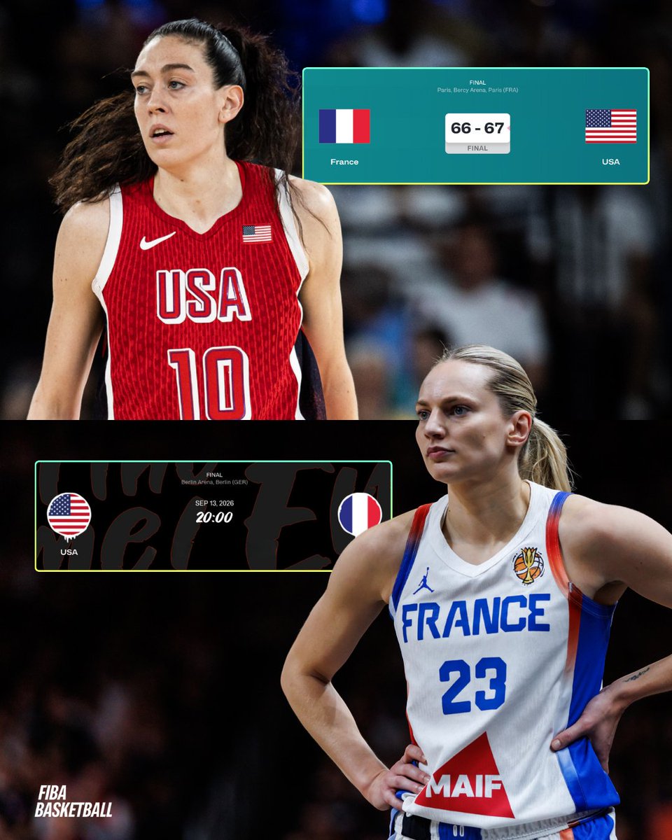 FIBA's tweet photo. 🇺🇸 Rematch. Revanche. 🇫🇷
Paris 2024 ➡️ Berlin 2026 👀 Who's winning it all this time?
#FIBAWWC https://t.co/giuFye0aUj