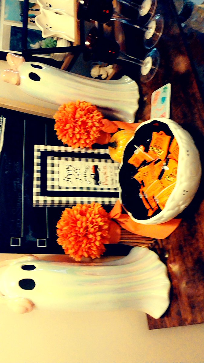 LeahBethL's tweet photo. I was pretty busy the last few weeks but now that the factory is in repair mode shut down for new machine installation I can fall decorate this weekend and enjoy my paid time off on certain days. I'm so glad I found good deals on my new decor. The basket pics only cost $45 and the others cost a little more as my cool  ghost cost $15 each