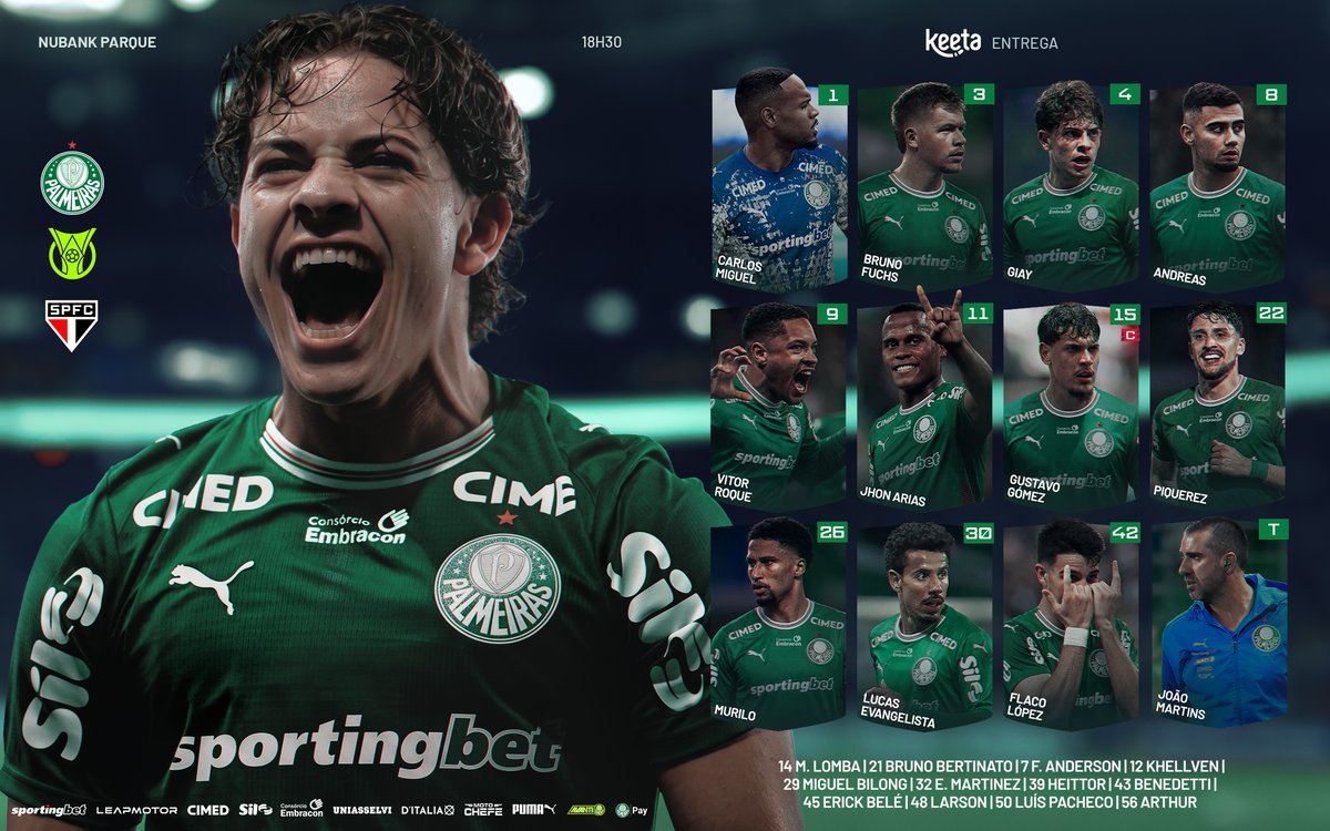 Palmeiras's tweet photo. @KeetadoBrasil entrega: a escalação de hoje chegou mais rápido! 🐯🤝🐷

#EscalaçãoSEP #PALxSAO #Keeta https://t.co/wlaKJ4xYkq