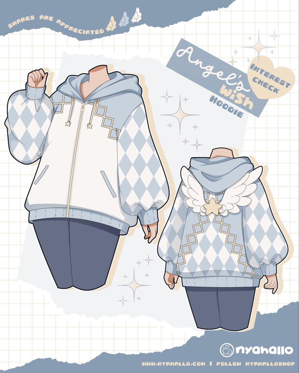 NyahalloShop's tweet photo. Angel’s wish hoodie interest check! 😇  This is a whimsical, angel-inspired oversized fit hoodie featuring soft blue, white, and gold details throughout 🪽 

The hoodie is designed with a cozy, relaxed oversized fit, puffed balloon sleeves, a full zipper, and a soft argyle pattern running down the sleeves for a truly angelic look. Gold geometric trim and little star details add some extra celestial touches. The back is the main star of the show as it features a large layered angel wing centered around a gold star, with more argyle and gold detailing flowing underneath it. The oversized hood and roomy silhouette make it extra comfy and cozy! You’d totally wear this…right…?? 🥺🥺