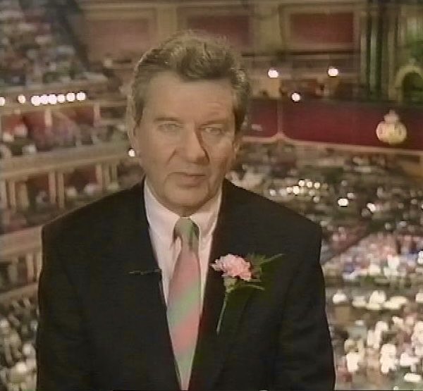ccAndrewBaker's tweet photo. The Last Night of the Proms was always a highlight of Dad’s professional year. Here he is on the BBC’s coverage in 1993. He rarely wore the Garrick tie on air - but it does go frightfully well with the carnation buttonhole https://t.co/MudhiThgQ4