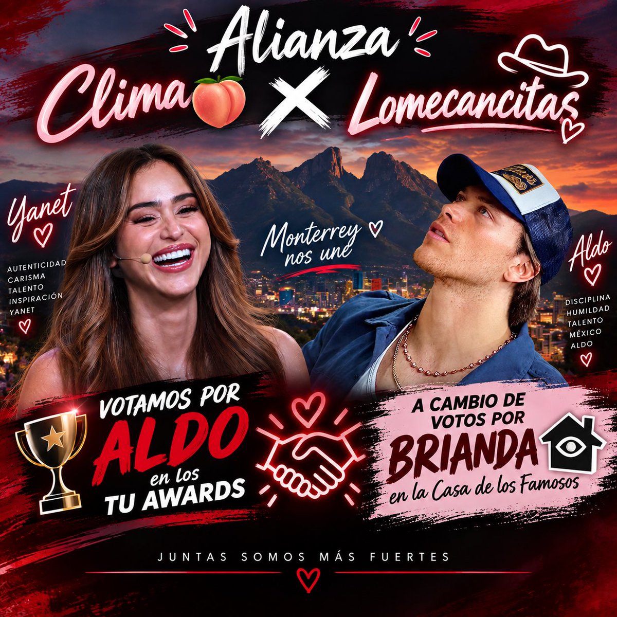 SamBrooks45's tweet photo. Por 1era vez en la temporada tenemos una alianza 🤝🏻🍑✨
Y miren que ni por Yanet hicimos alianzas 😂 pero hoy estamos ante la 1era unión

Clima🍑 x Lomecancitas

Votamos por #AldoTDeNigris en los TU Awards a cambio de votos por @DeyanaraBrianda 🩷 el día de mañana. 

https://t.co/9CBWXuQAa8

Dejen las capturas aquí ✌🏻clima 🍑
#TeamYanet #LaCasaDeLosFamososMx