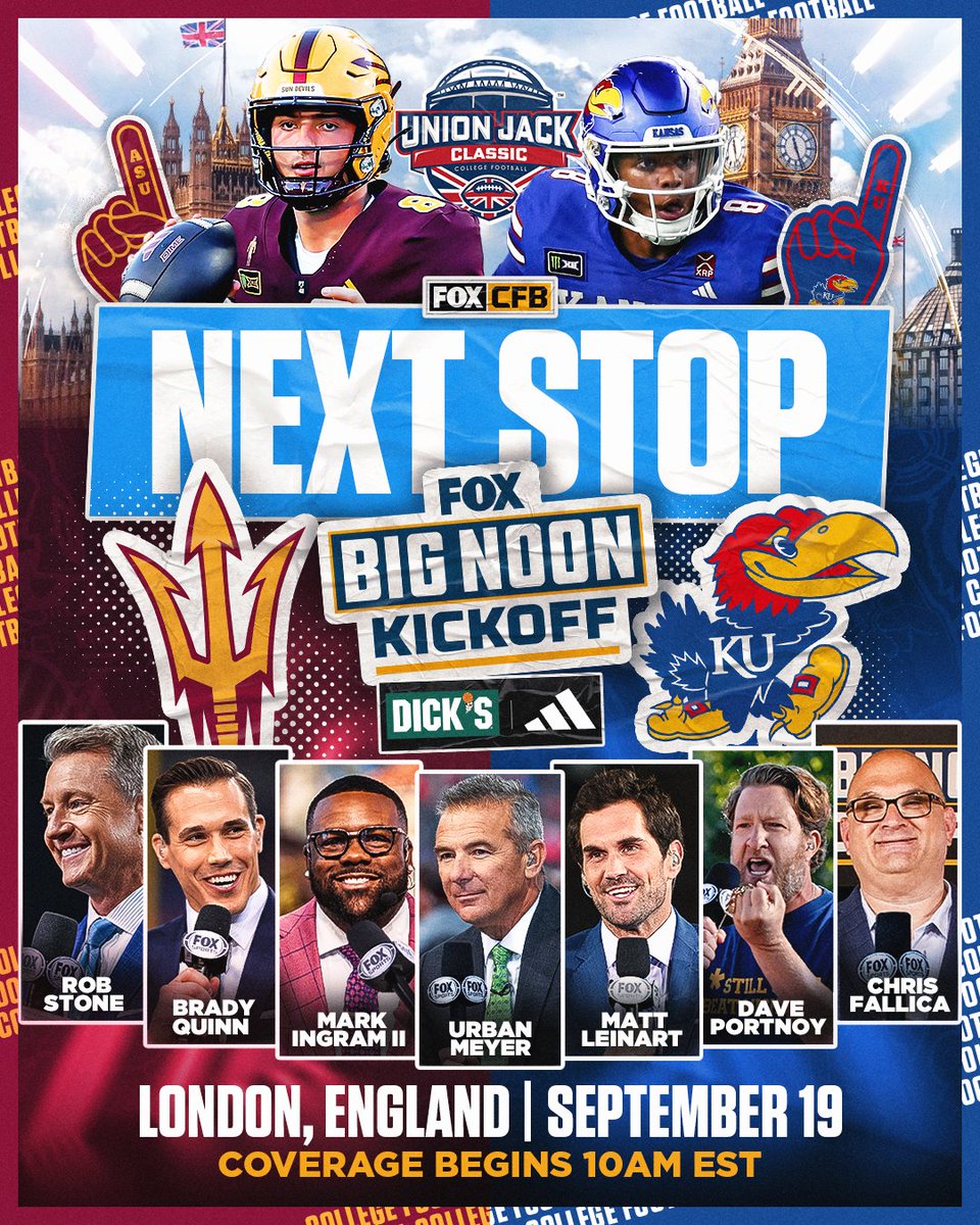 CFBONFOX's tweet photo. BIG NOON KICKOFF IS GOING INTERNATIONAL 🏈

Tune in next Saturday as the guys get you ready for @ASUFootball and @KU_Football in the @unionjackclasic! https://t.co/4GthYhQGnL