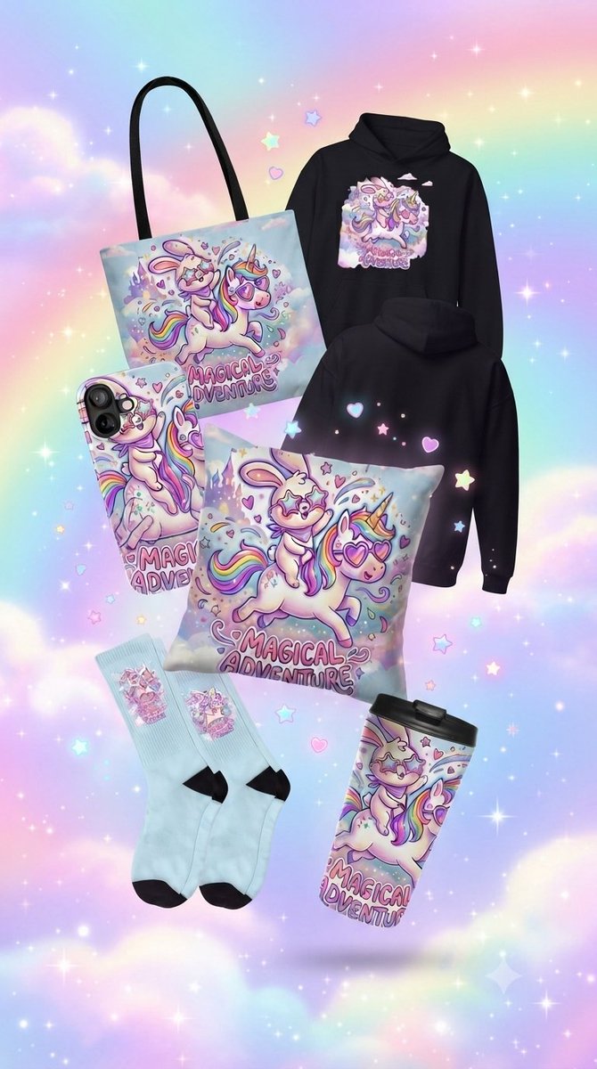 kidstown07's tweet photo. The COMPLETE magical adventure collection! 🐰🦄✨ Tote, hoodie, phone case, pillow, socks &amp; tumbler — everything you need for a magical day. Shop it all! 👇 https://t.co/wCscygLoJ3 #MagicalAdventure  #BunnyRiding #PastelVibes #TeePublic #CuteAF #RainbowMagic #KawaiiStyle #ShopNow https://t.co/N8CJYwwYdi