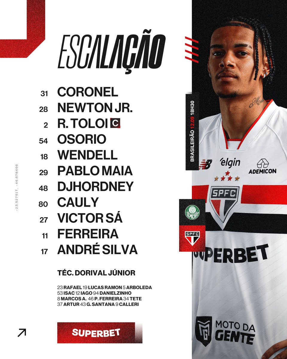 SaoPauloFC's tweet photo. 🇾🇪 O Tricolor está escalado para o Choque-Rei! 

⚽ Palmeiras x São Paulo 
🏟️ Nubank Parque   
📍 São Paulo (SP) 
⏰ 18h30
🏆 Brasileirão (27ª rodada)

📺 Premiere 
🎙️ SPFC Play 

#VamosSãoPaulo 🇾🇪 https://t.co/IP8ePKkehu