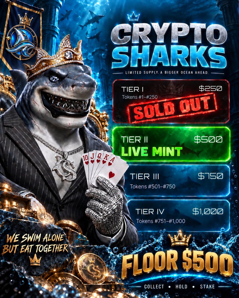 CryptoSharksID's tweet photo. 🚨 A massive milestone for the family: Tier 1 of Crypto Sharks is 100% MINTED OUT! 🦈🥂🔥

To our holders: 
endless gratitude for the relentless support and trust in the vision. 🙏

 We’re embarking on something truly game-changing, and every single step forward is built to reward those holding down the deep waters with us. 💎🌊

Watching from the sidelines? There’s still time to catch the wave: ⏳👇
🌐 Head over to our website to grab the Discord invite
♠️ Hop into our weekly community poker nights 🃏
🤝 Connect with the strongest pack in Web3 ⚡
Remember: 

We Swim Alone, But Eat Together