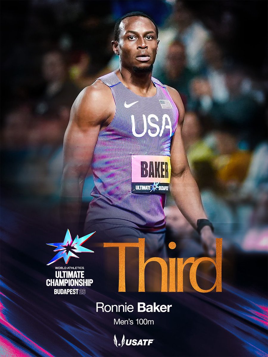 usatf's tweet photo. That’s why you run through the line 🤯

Ronnie Baker clocks 9.93 to grab third in the men’s 100m by just four thousandths of a second, helping USA to a 1-3-5 finish. 👏

#TeamUSATF https://t.co/Lxf7WkNqrJ