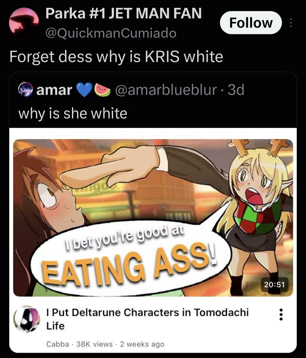 ctrlsnow_png's tweet photo. @1o1Animation @froggieske81584 I didn’t have to look for long to find this. I see it all the time people acting like Kris and Noelle are 100% Black. Not just drawing them that way in fanart, but genuinely treating it like that’s their official canon race lol https://t.co/LyfcQVNcbv