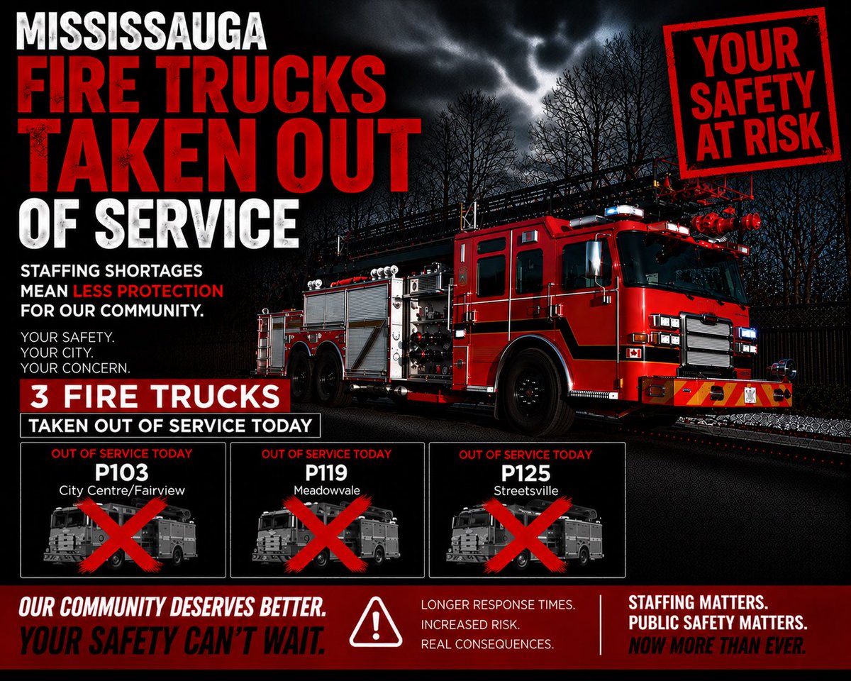 IAFF1212's tweet photo. 🚨 3 FIRE TRUCK OUT OF SERVICE TODAY DUE TO STAFFING SHORTAGES🚨

Every truck taken out of service means fewer resources available when emergencies happen. Residents deserve to know when frontline emergency response capacity is reduced.

This is about your safety.

#Mississauga https://t.co/XEvDTWrHRO