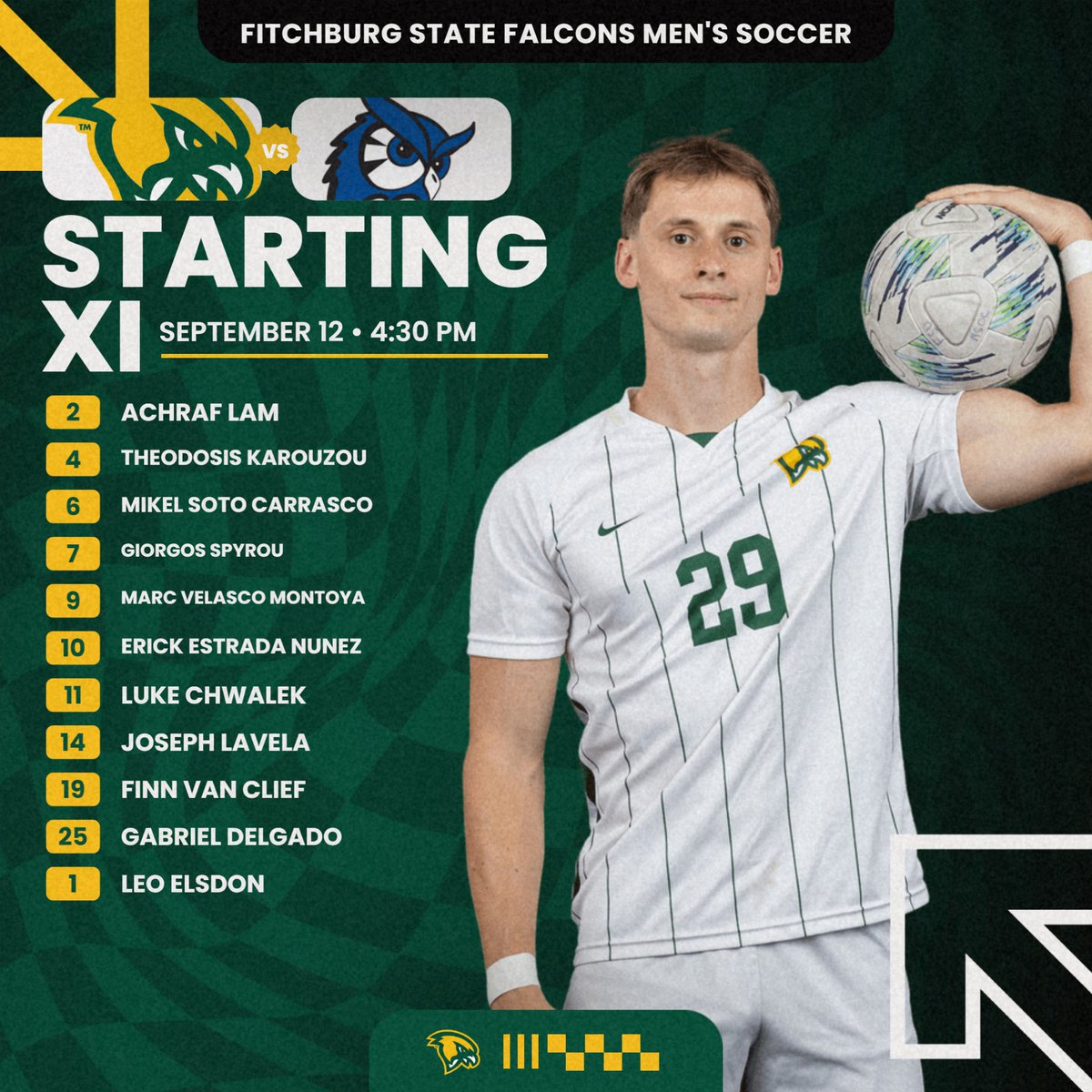 FSU_Falcons's tweet photo. ⚽Here is your @fsufalconsmsoc starting XI for their @mascacsports matchup against the Owls of Westfield State this afternoon.

#FearTheFlock https://t.co/NOloN4bjTr