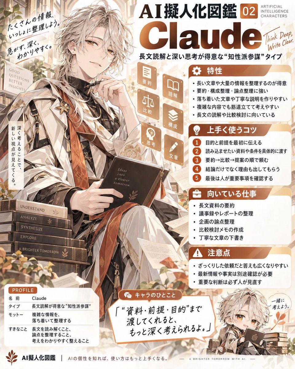ai_salary's tweet photo. ChatGPTだけ使ってる人へ。
AIにも「得意科目」があります。

【AI擬人化図鑑 #02】
今回は Claude 🟠

Claudeをひと言で表すなら、
長文を読み解く“知性派参謀”タイプ。

特にこんな仕事と相性がいい👇

・長い資料を要約する
・議事録やレポートを整理する
・複雑な内容の論点を整理する
・複数案を比較する
・丁寧な文章を作る

個人的な使い方のコツは、

「これ読んで」だけで終わらせず、
目的・前提・資料までまとめて渡すこと。

情報をたくさん渡すほど、
「整理 → 比較 → 考察」の力を活かしやすい。

ChatGPTが“万能参謀”なら、
Claudeはじっくり資料を読み込む
“知性派参謀”というイメージです。

AIは、全部同じじゃない。

得意な仕事に合わせて使い分けると、
もっと仕事がラクになります。

みなさんはClaude、何に使ってますか？👀

次回のAI擬人化図鑑もお楽しみに！