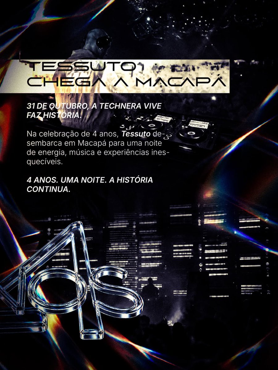 Techneravive's tweet photo. A ESPERA ACABOU. 🖤
A Technera Vive 4 anos apresenta: TESSUTO
Uma noite. Uma frequência.
Uma experiência que vai ficar na memória..
📍 Macapá — AP 📅 31 de outubro de 2026
#TechneraVive4Anos #Tessuto #Techno https://t.co/raKMtepspY