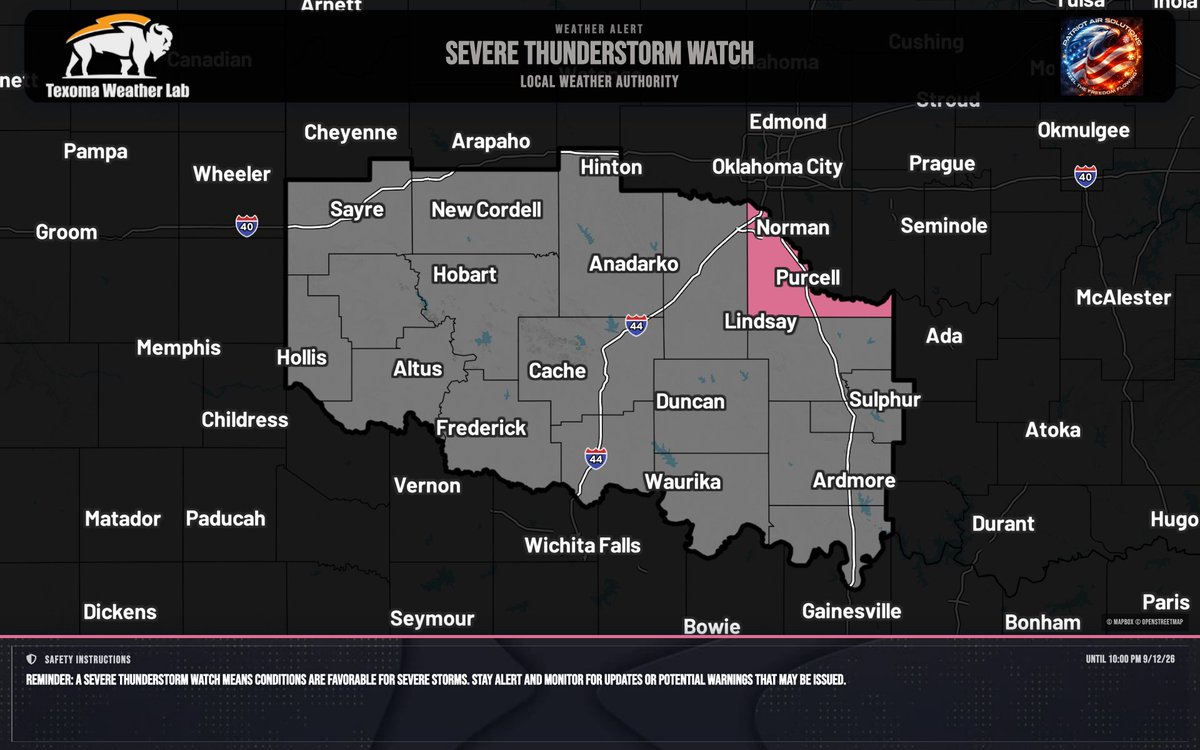 TexomaWXLab's tweet photo. Severe T-Storm Watch for McClain, OK until 10:00 PM CDT. Conditions favorable for severe storms. Monitor the sky and be ready for Severe Thunderstorm Warnings. https://t.co/IS5rpbeio2