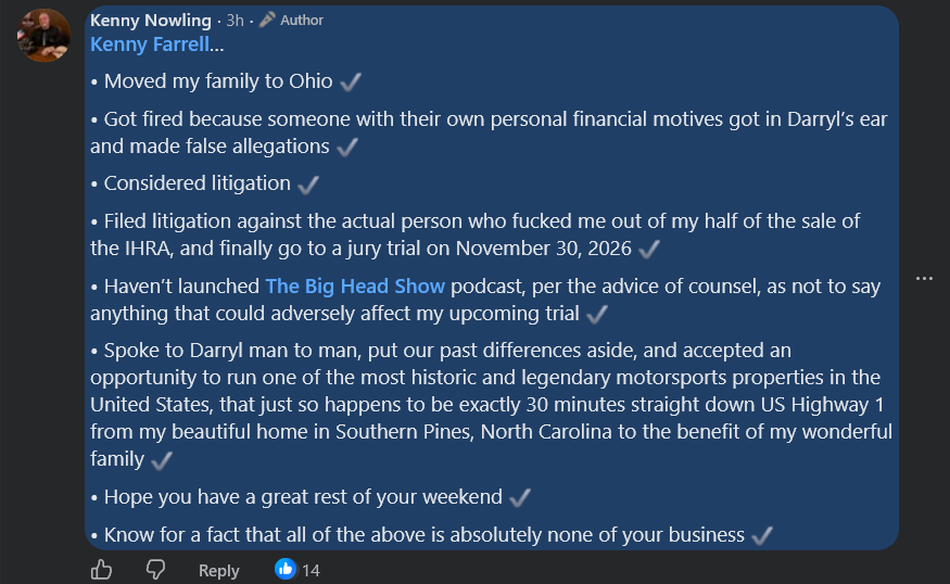 savethespeedway's tweet photo. In a follow up to this posted on the Rockingham Facebook page, the track president claims he was fired by IHRA nor paid for his part in the sale of IHRA.

Continued.. https://t.co/SIAg70dAnX