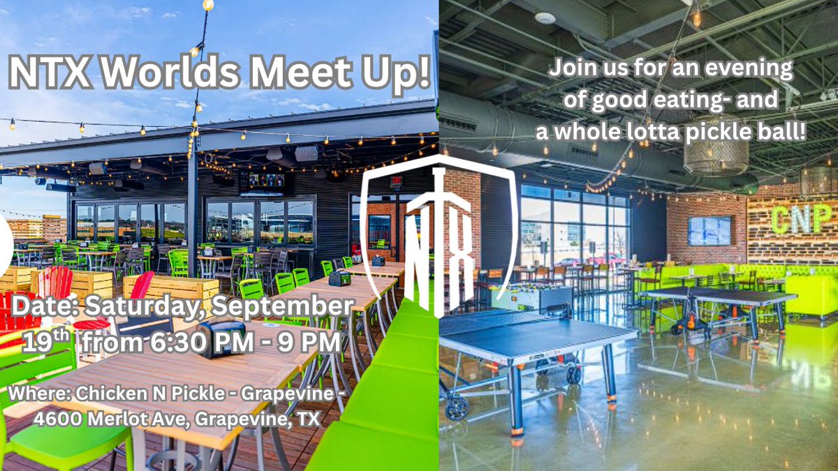 NTX_EsportsYT's tweet photo. 👀NTX WORLDS HANGOUT👀

Come eat and play some pickleball with the NTX Crew! We reserved a pickleball court from 7 - 9 PM at chicken &amp; pickle- we would love to see you there! The location is just 25 Minutes away from Dickies Arena. 

Come show us your pickleball skills.

#GONTX https://t.co/Vv7f508VgF