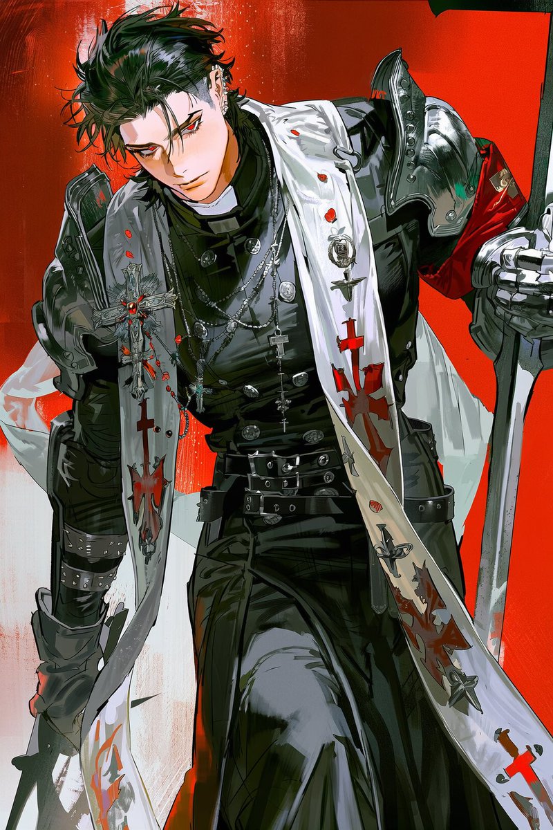NULL___NOTFOUND's tweet photo. 이단심문관 캐릭터 의상을 프롬프트로 배포합니다.
V5 / V4.5 테스트 완료

black cassock, military coat, long coat, high collar,2::double-breasted::, metal buttons,
1.3::pauldrons::, shoulder armor, vambraces, armored gloves, white gloves,
1.2::multiple belts::, belt buckle, leather straps, chest harness, studs, rivets,
chain, 1.2::rosary::, cross necklace, latin cross,
red armband, emblem,
1.3::long white stole::, stole with red cross print, embroidery, flowing stole