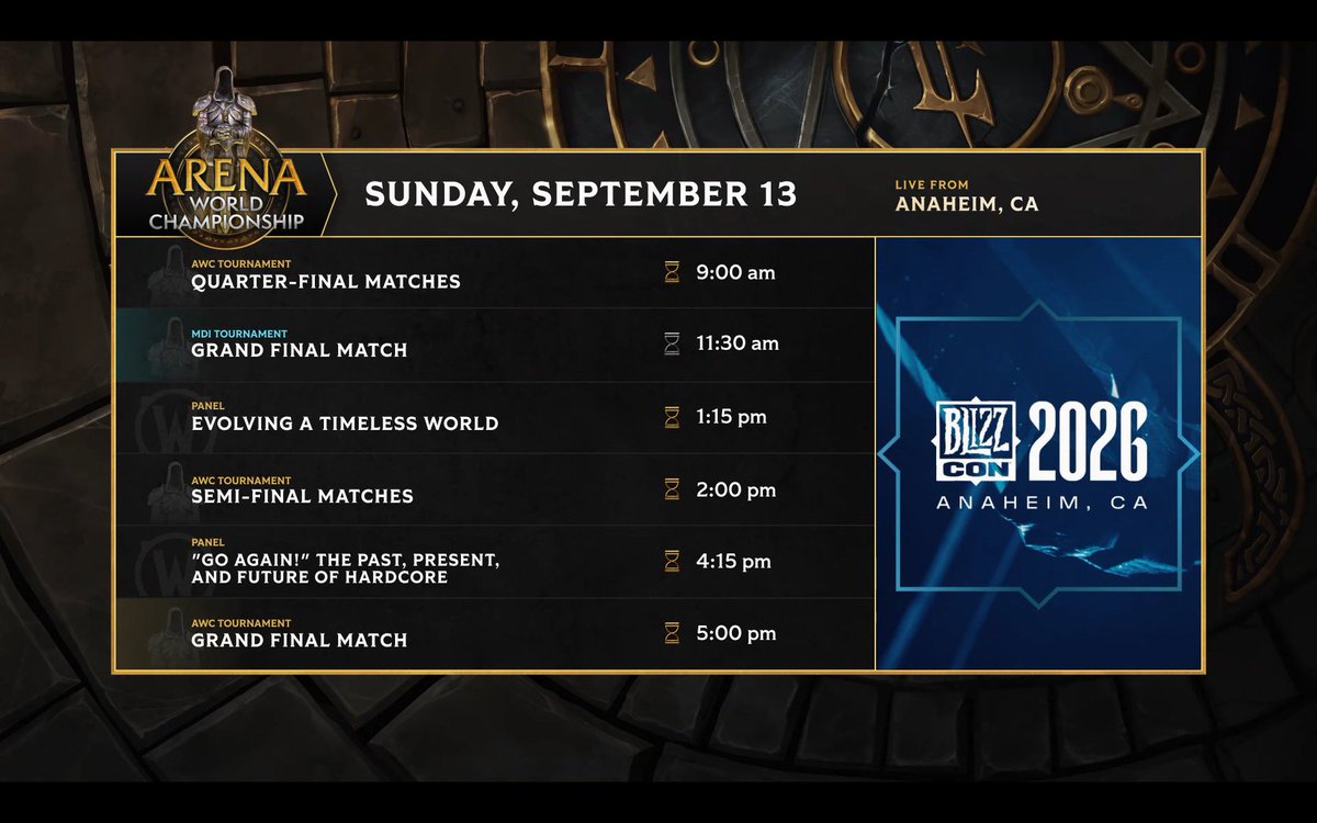 WoWEsports's tweet photo. The final day of BlizzCon is shaping up to be an absolute BANGER, with the Grand Finals for both AWC &amp; MDI in store! 🏆

Set your alarms and be ready, because we'll be getting started bright and early on Sunday morning.

#WoWEsports | #BlizzCon2026 https://t.co/KSEcn3oZq7