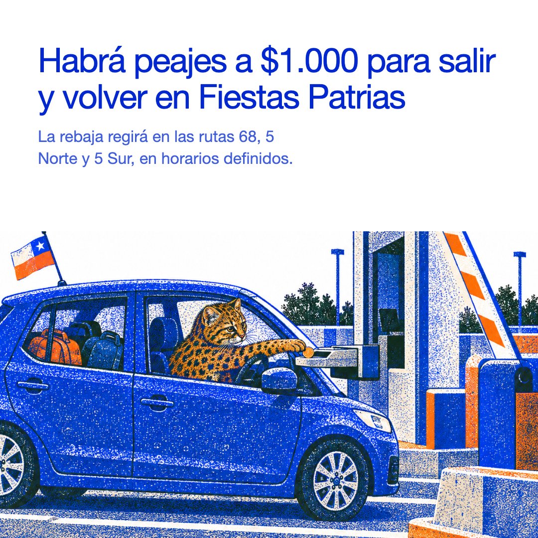 normaticacl's tweet photo. El MOP anunció peajes a $1.000 en las rutas 68, 5 Norte y 5 Sur para la salida y el retorno de Fiestas Patrias. La rebaja operará en horarios definidos entre el 17 y el 20 de septiembre.
https://t.co/2X8fn16LCL https://t.co/Up53WSQ0FD